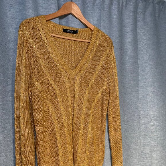 Gold Metallic Shimmer V Neck Cable Knit Sweater Cotton - Picture 3 of 5